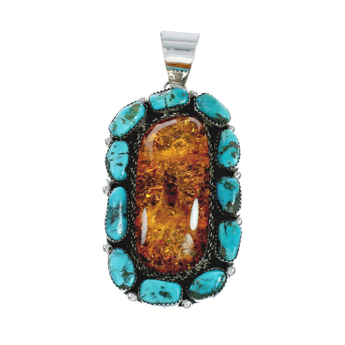 Genuine Navajo Sterling Silver Turquoise Amber Pendant X11395